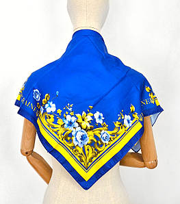 Хустка шийна шовкова патріотична Україна жовті квіти на синьому