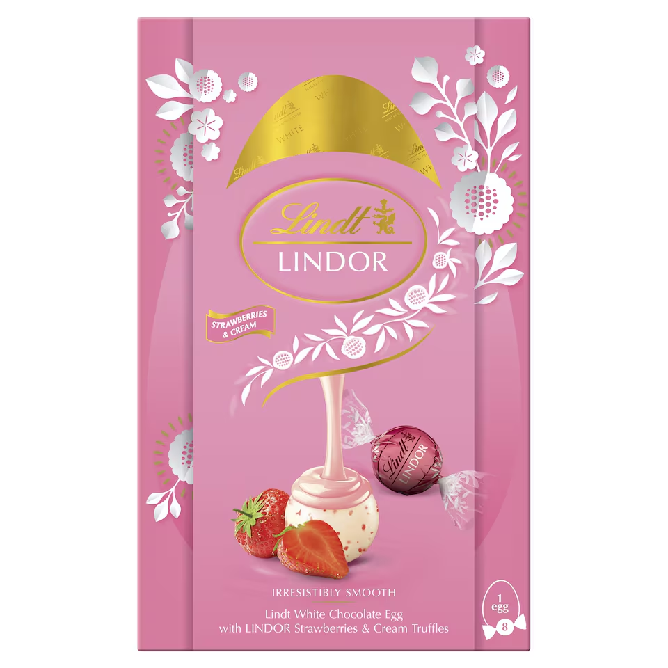 Шоколадне яйце з цукерками Lindt Lindor білий шоколад з полуницею та вершковими трюфелями 260г