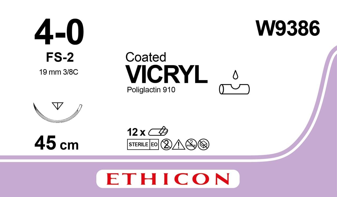 Вікрил (Vicryl) 4/0, довжина 45см, зв-ріж. голка 19мм W9386