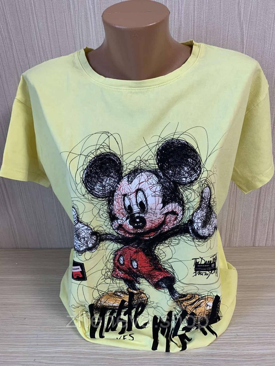 Жіноча стильна футболка з вивареним ефектом із коротким рукавом, принт Mikki, фото 1