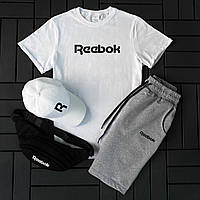 Чоловічий літній костюм Reebok Футболка+Шорти+Кепка+Барсетка у подарунок білий Комплект Рібок (С)