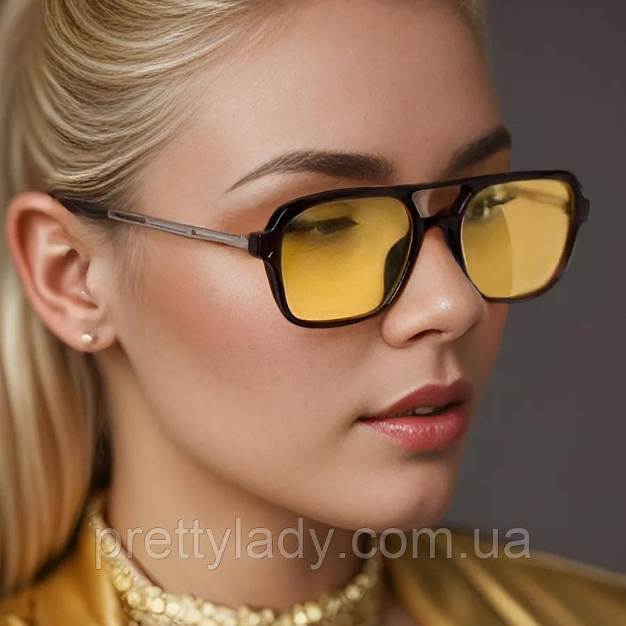 Сонцезахисні окуляри унісекс авіатор Metal з металевим завушником чорні з жовтими лінзами, фото 1