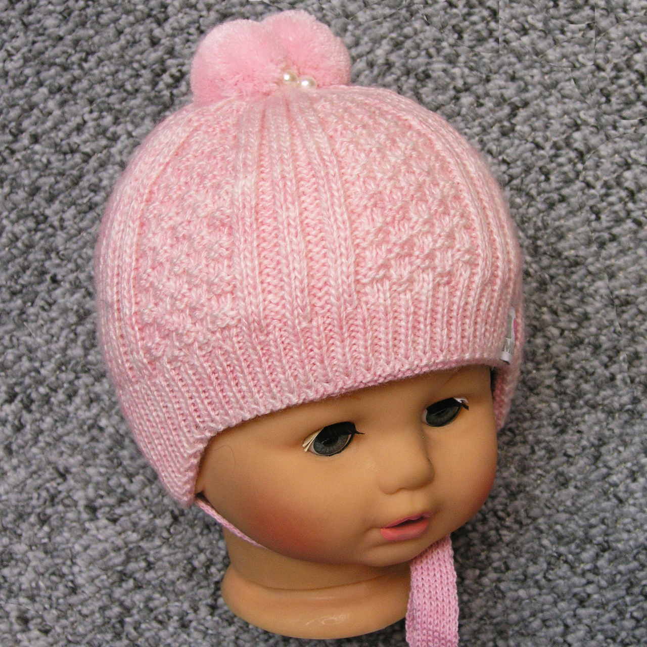 38-40 0-5 міс зимова з махровою підкладкою в'язана шапочка для новонародженої дівчинки на виписку зима 3312 РЗВ