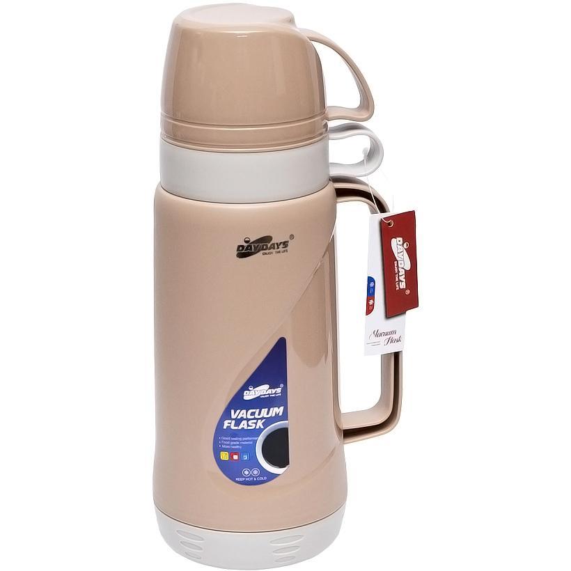 Термос 1,8 літра 2 чашки зі скляною колбою і пластмасовим корпусом 34*12*12см, бежевий