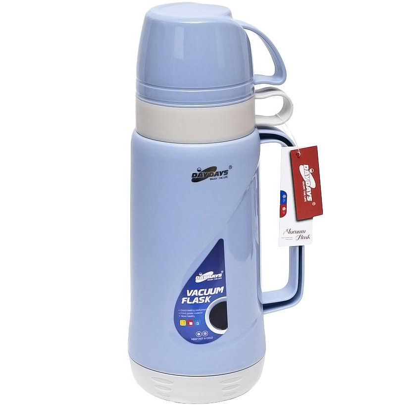 Термос 1,8 літра 2 чашки зі скляною колбою і пластмасовим корпусом 34*12*12см, блакитний, фото 1