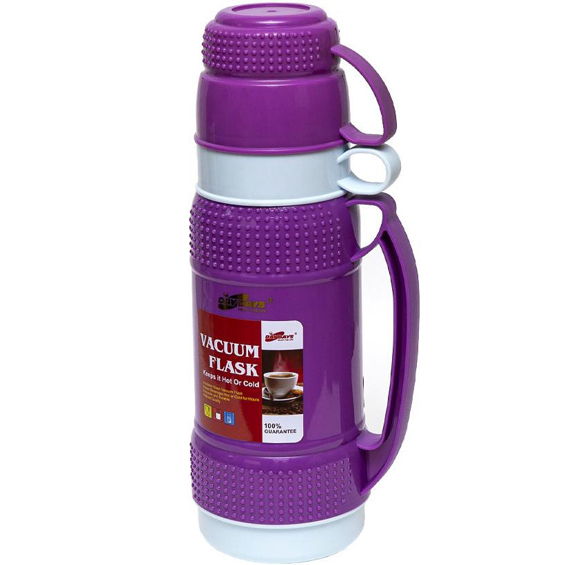 Термос 1 літр 2 чашки зі скляною колбою і пластмасовим корпусом 33*10*10см, фіолетовий, фото 1