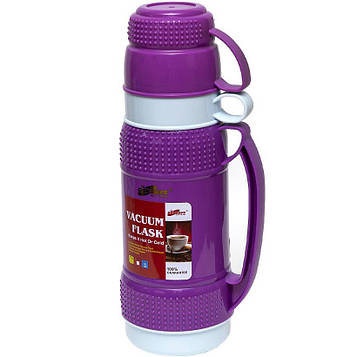 Термос 1 літр 2 чашки зі скляною колбою і пластмасовим корпусом 33*10*10см, фіолетовий
