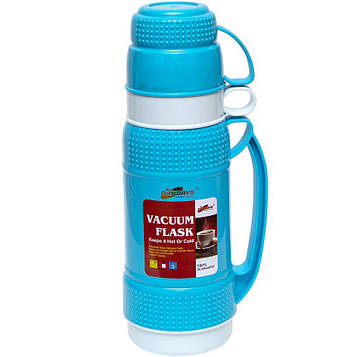 Термос 1 літр 2 чашки зі скляною колбою і пластмасовим корпусом 33*10*10см, синій