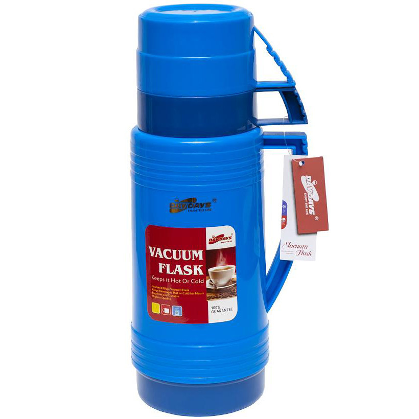 Термос 1 літр 2 чашки зі скляною колбою і пластмасовим корпусом 31*10*9см, синій, фото 1