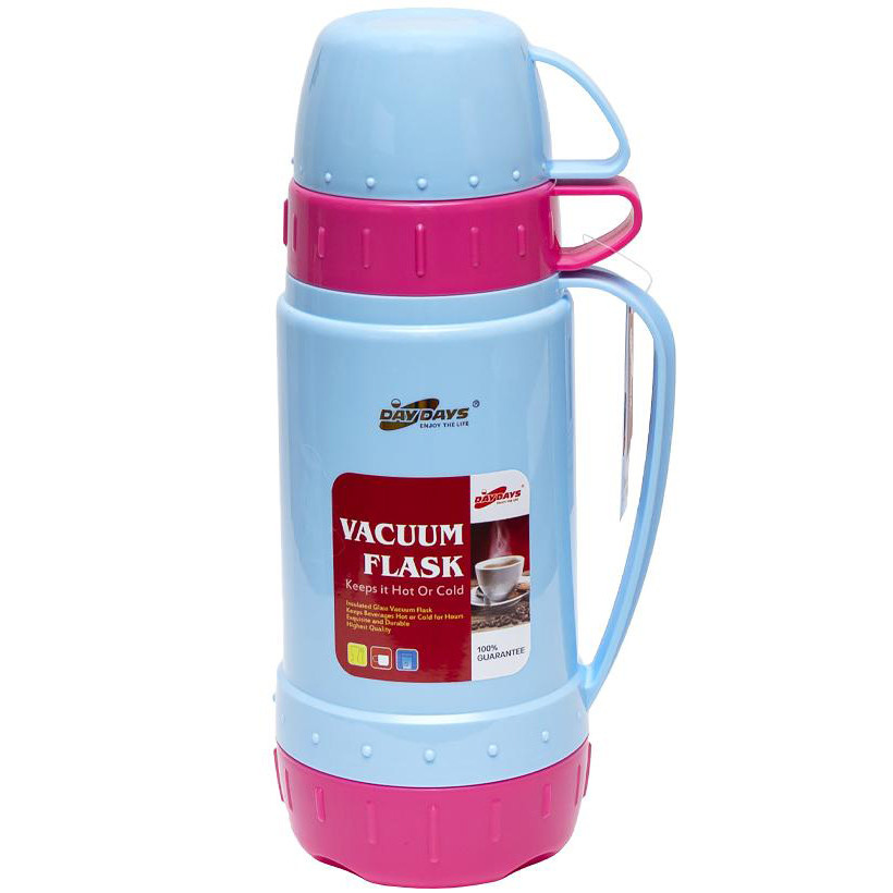 Термос 1 літр 2 чашки зі скляною колбою і пластмасовим корпусом 31*11*11см, блакитний, фото 1