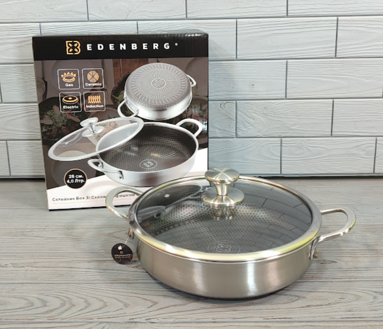 Сковорода-сотейник глибока (28x7 см/4 л) з кришкою Edenberg EB-13078 професійна, фото 1