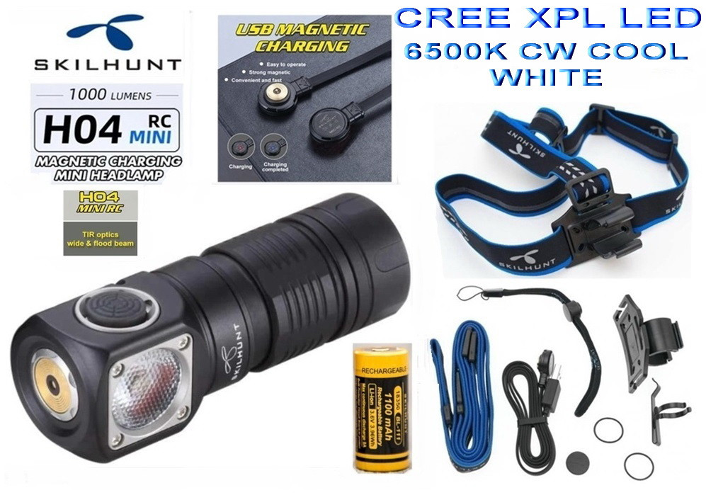 Налобний ліхтар SKILHUNT H04 RC Mini + 1100mAh 18350 Акумулятор (1300LM, Cree XPL LED, 5700k CW, IPX8, TIR, Магніт)
