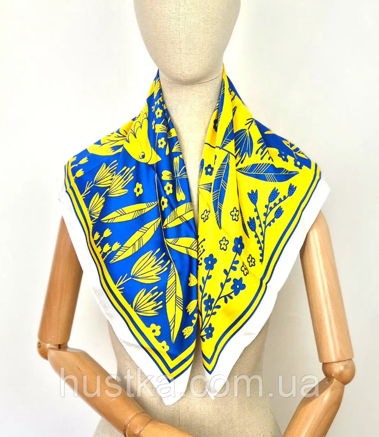 Шовкова хустка з патріотичним принтом Пташка 70*70 см синій/жовтий