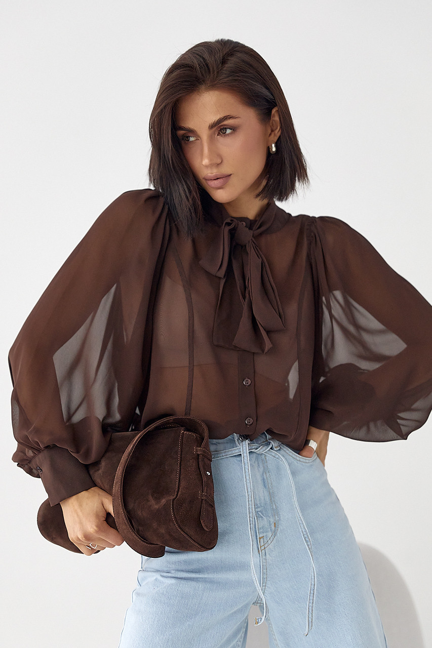 Прозора блуза з рукавами-ліхтариками коричнева, фото 1