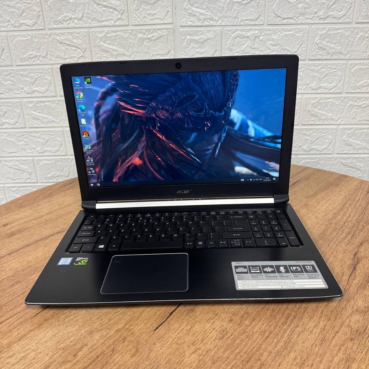 Б/в Ігровий ноутбук Б-клас Acer Aspire 7 A715-71G 15.6" 1920x1080| i5-7300HQ| 16GB RAM| 500GB SSD| GTX 1050 2GB