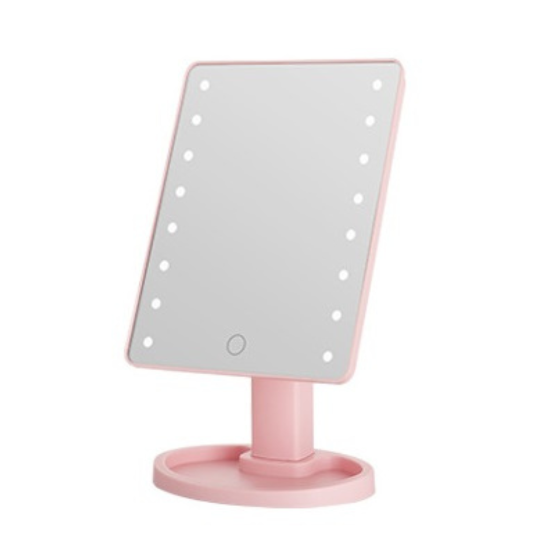 Дзеркало настільне косметичне для макіяжу 21х16 см дзеркало прямокутне на підставці 16 LED Рожеве, фото 1