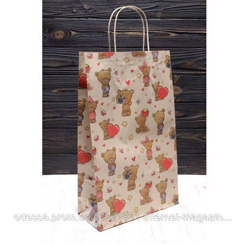 Пакет подарунковий крафт "Ведмедик на бурому" 24*37*10см Stenson (1031) [Склад зберігання: Одеса №3]