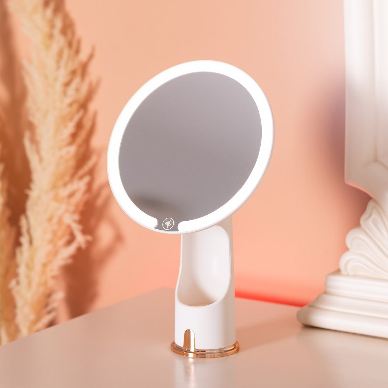 Настільне косметичне дзеркало кругле з LED-підсвіткою та органайзером 18,5 см біле, фото 1