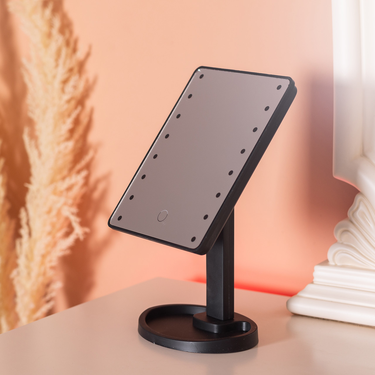 Настільне косметичне дзеркало на підставці прямокутне з LED-підсвіткою на 16 світлодіодів чорне, фото 1