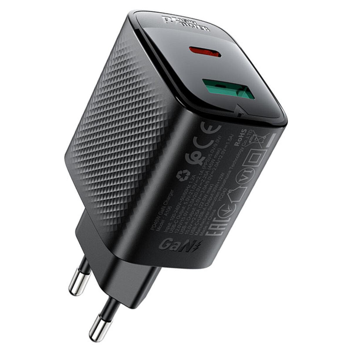 Мережевий зарядний пристрій ACEFAST A106 PD45W GaN (USB-C+USB-A) charger (EU) Black