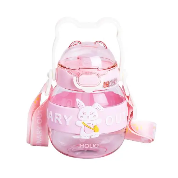 Пляшка для води дитяча з трубочкою 580 мл з ручкою та ремінцем Рожева HP-14-37P, фото 1