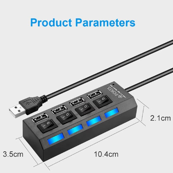 USB HUB 4 порти з вимикачами, USB 2.0, 30 см, чорний