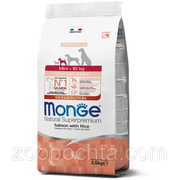 Сухий корм Monge Dog Mini Puppy & Junior для цуценят дрібних порід лосось з рисом, 2.5 КГ, фото 1
