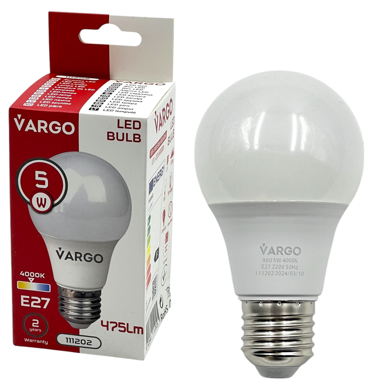 Лампа LED VARGO A60 5W 4000K E27 220V (V-111202), Лампа 4000K, Лампа яскрава