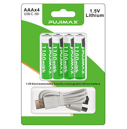 Акумулятор AAA Pujimax з USB Type-C 1100 mWh 1.5V Li-ion (Блістер 4 шт + кабель), фото 1