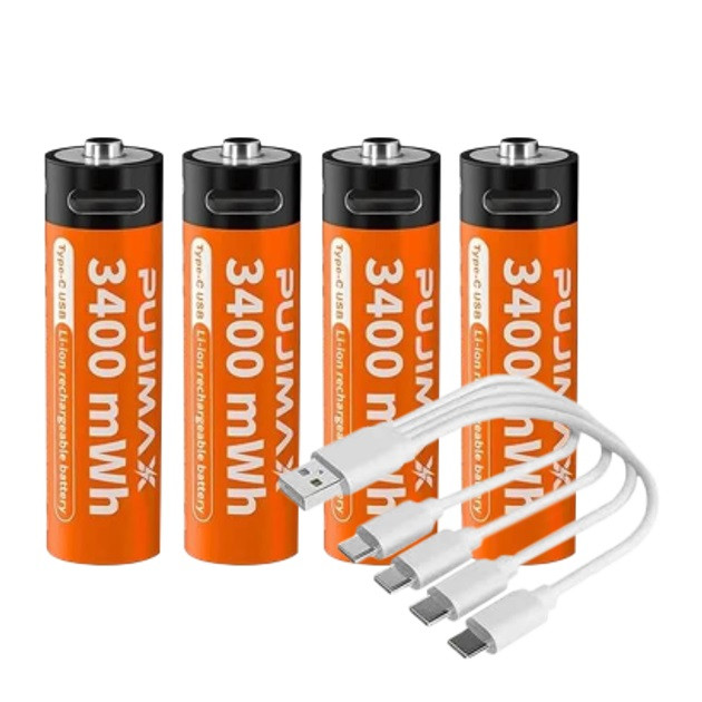 4 Акумулятора Pujimax AAA с USB Type-C 733mAh + кабель + кейс, Orange