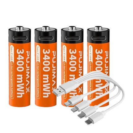 4 Акумулятора Pujimax AAA с USB Type-C 733mAh + кабель + кейс, Orange, фото 1
