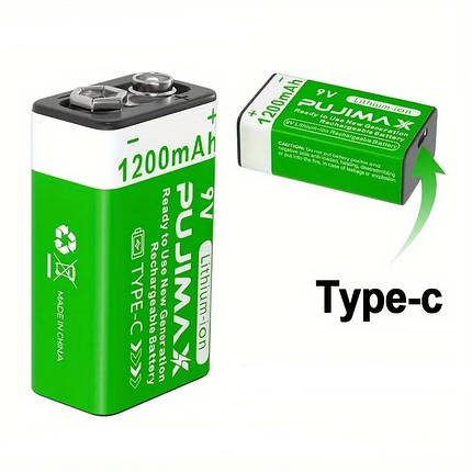 Акумулятор Крона Pujimax 6F22/6LR61 з USB TYPE-C Li-Ion 9V, 1200mAh, фото 1