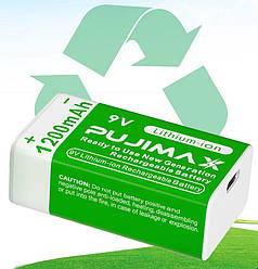 Акумуляторна батарея 6F22, 6LR61 крона з роз'ємом USB TYPE-C (1200mAh, 9V)