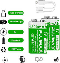 2 шт Акумулятора батареї 6F22 крона з USB TYPE-C 9 V 1200 мА·год (Блістер + кабель)
