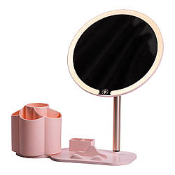 Дзеркало для макіяжу з підсвічуванням кругле настільне Ø21 см з підставкою Рожеве