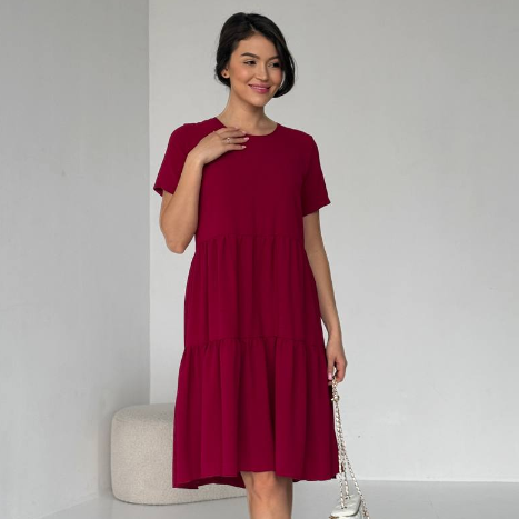 Комфортна жіноча літня сукня бордова вільна коротка сукня з коротким рукавом повсякденна сукня, фото 1