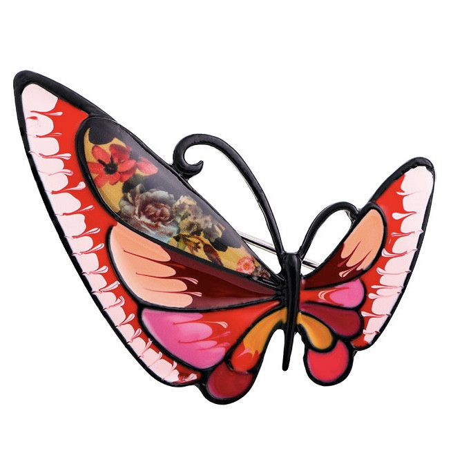 Брошка металева на чорній основі метелик різнобарвна покрита кольоровою емаллю розмір 55х55 мм