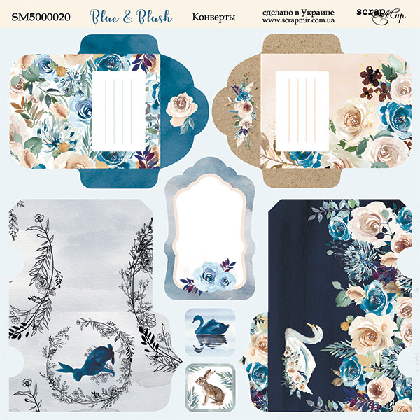 Лист двостороннього паперу 20х20см від Scrapmir "Blue & Blush " конверти 1шт