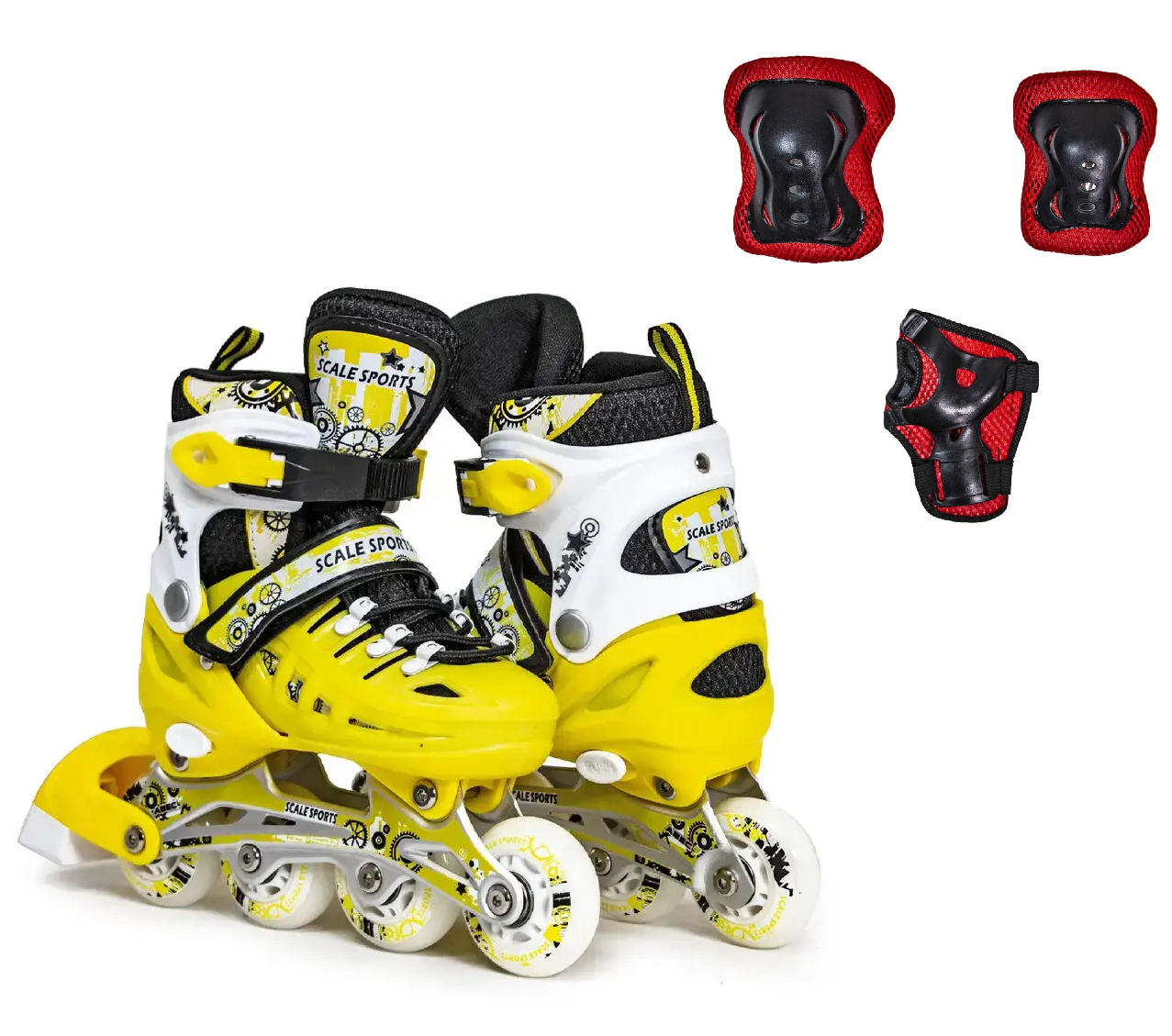 РОЛИКИ розсувні + КОМПЛЕКТ ЗАХИСТУ (на коліна, лікті та долоні) Scale Sports жовті, розміри 29-33 / 34-38 / 38-41