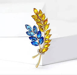 Брошка два колоски пшениці жовто-блакитні з камінчиками