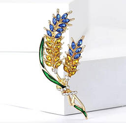 Брошка два колоски пшениці жовто-блакитні з камінчиками та листочком