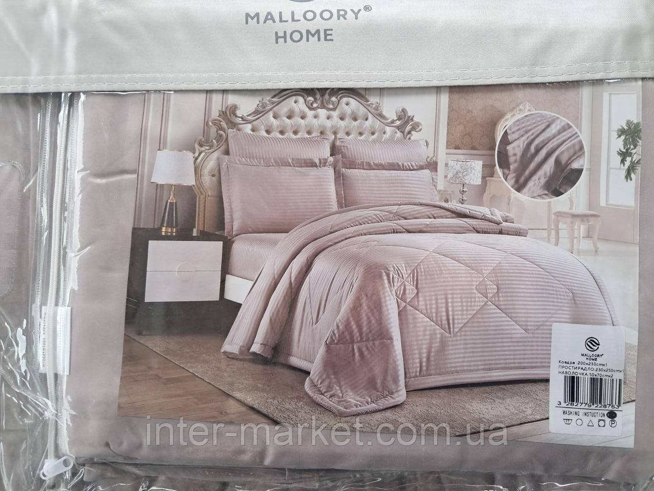 Комплект постільної білизни з літньою ковдрою MALOORY HOME " СТРАЙП -САТИН" рожевий клас ЛЮКС