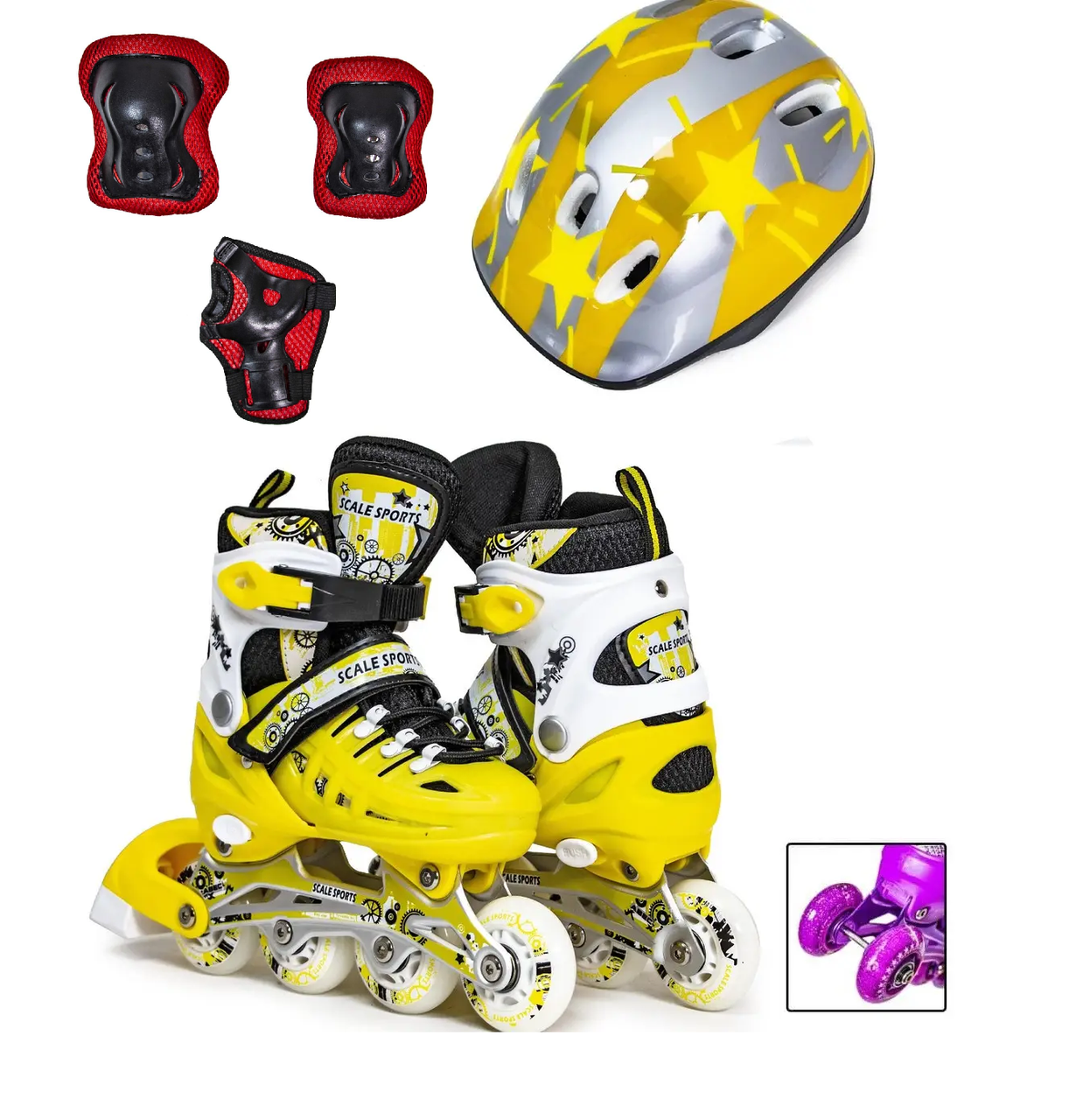 Дитячі ролики для початківців + захист + шолом Scale Sport. Жовтий колір. Розміри 29-33 / 34-38 / 38-41