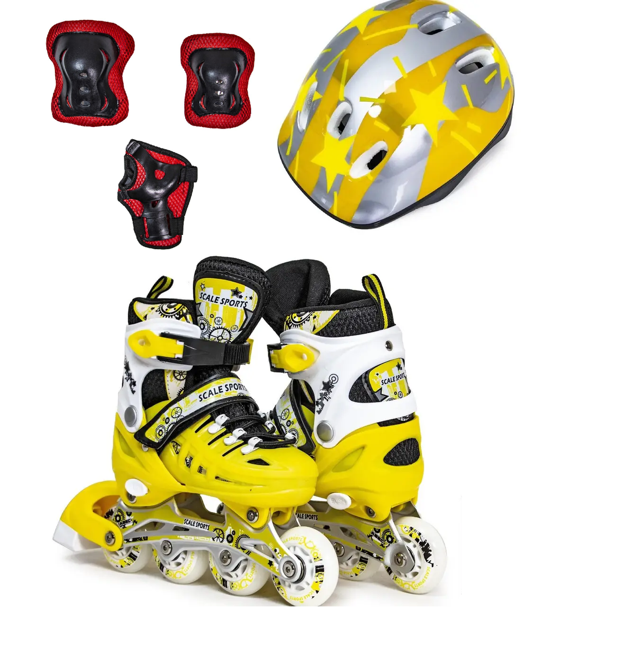 Дитячі ролики + захист + шолом Scale Sport. Жовтий колір. Розміри 29-33 / 34-38 / 38-41