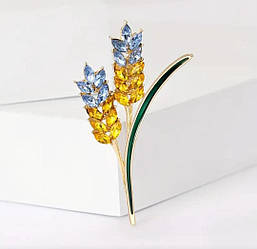 Брошка два колоски пшениці жовто-блакитні з листочком