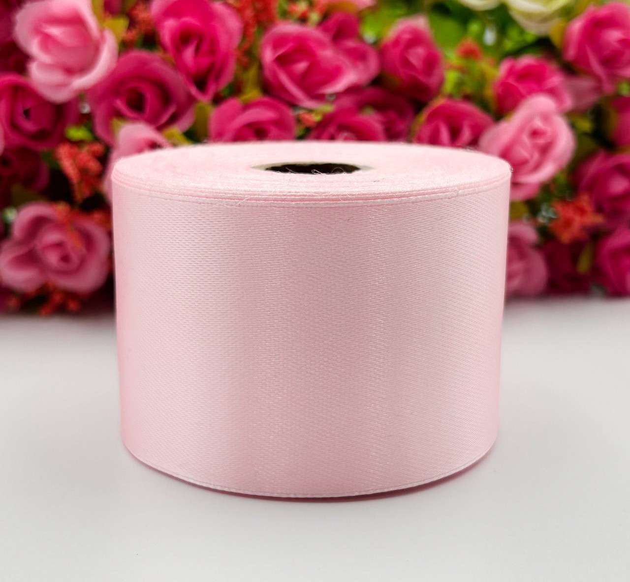 Атласна стрічка для рукоділля - 5 см x 23 м / Рожевий перламутр, фото 1