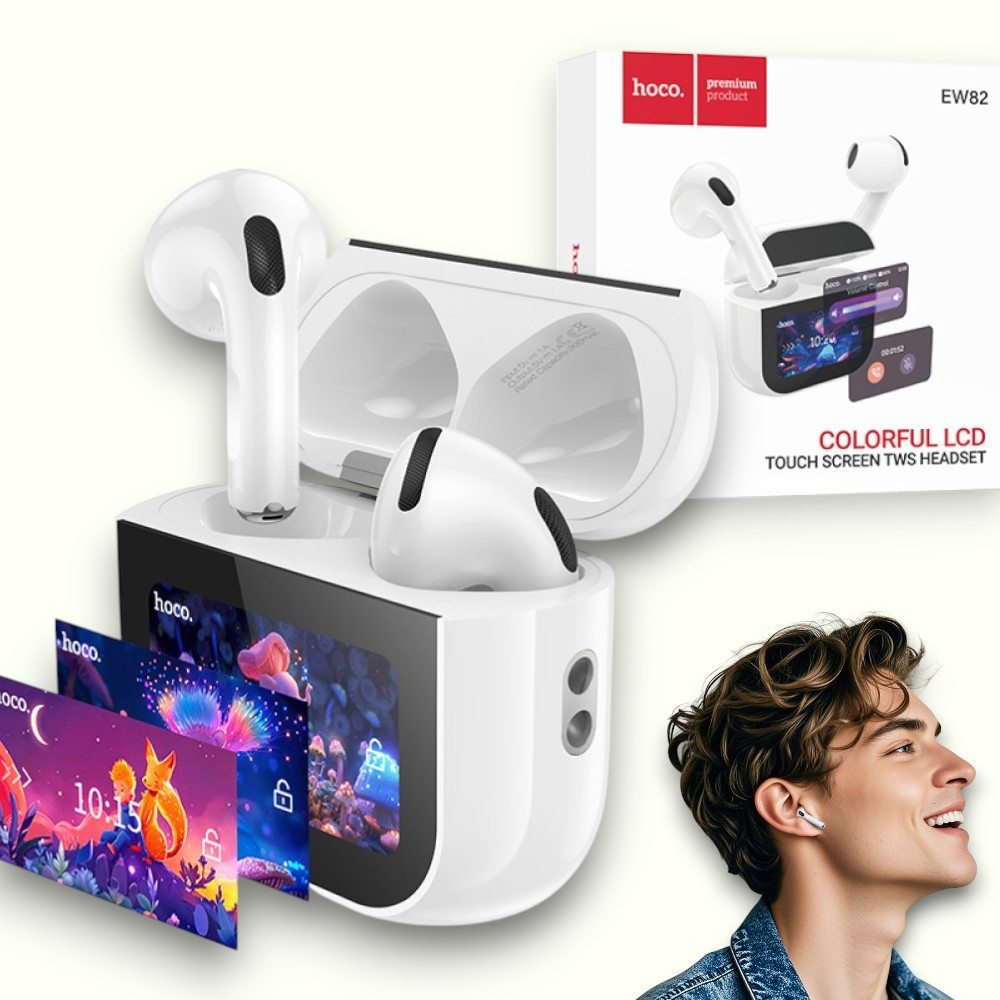 Бездротові Bluetooth навушники з дисплеєм AirPods Hoco EW82 Sparkle True навушники з сенсорним екраном, білі