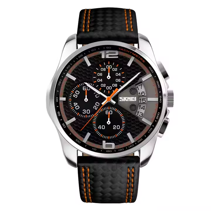 Skmei 9106 spider чорні з жовтогарячим чоловічий класичний годинник