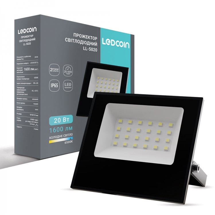 Світлодіодний прожектор Ledcoin LL-5020 20 Вт 6500 K чорний, фото 1