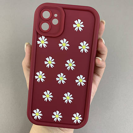 Чохол для iPhone 11 чохол з високими бортами з ромашками на айфон 11 бордовий q05j, фото 1